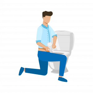 Chłopiec potrząsający workiem stomijnym klęczący przy toalecie